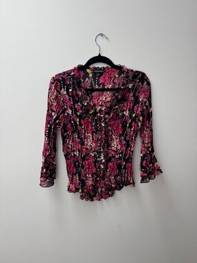 Notations Pink Floral Ruffle-Trim Blouse - Women's Top
